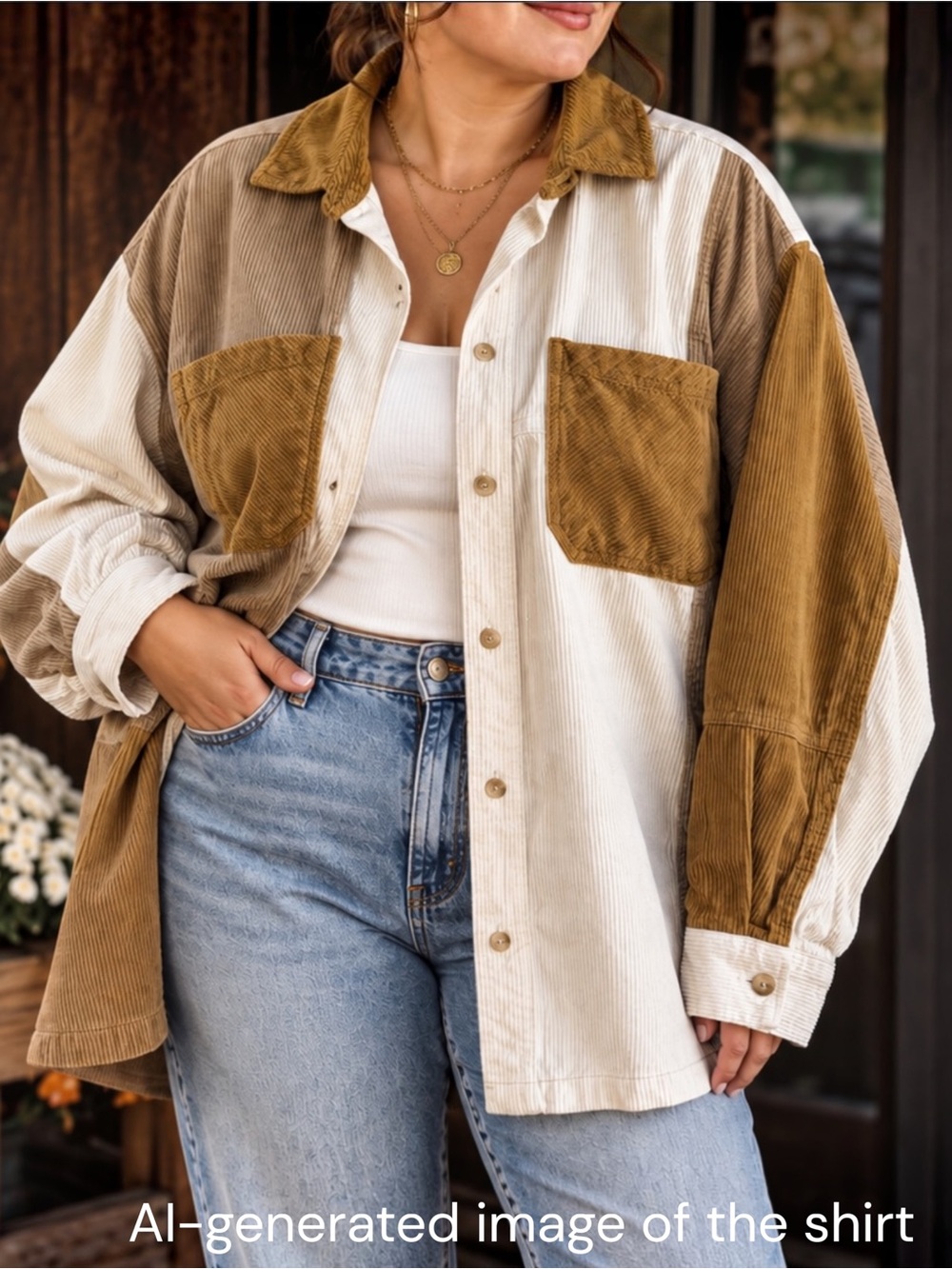 Cato Corduroy Patchwork Shacket Womens 18/20W Button Down Overshirt Boho Neutral